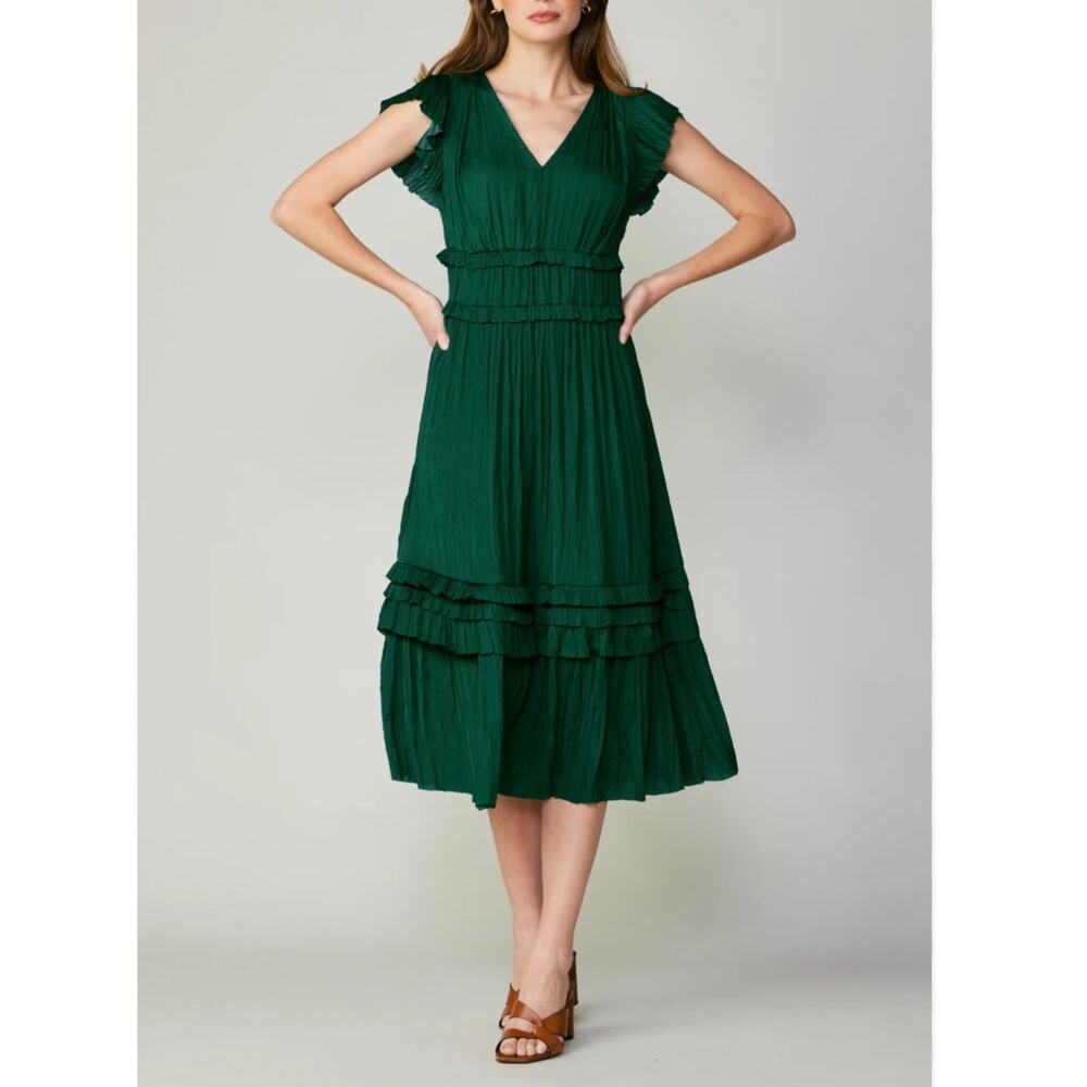 Current Air by Anthropologie Green Sereia Pleated Midi Dress Womens Small V Neck
